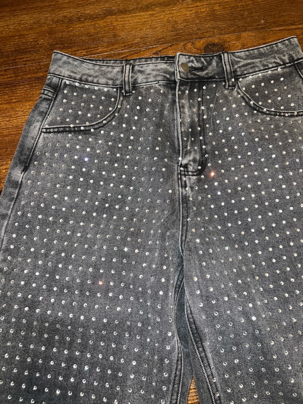 PrettyLittleThing Gray Washed High Rise Diamante Front Straight Leg Jeans Size 4 - Picture 6 of 9
